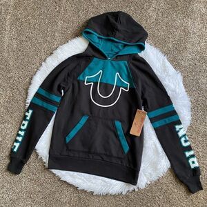 True Religion Hoodie Sweatshirt New Black Teal Womens Size Small